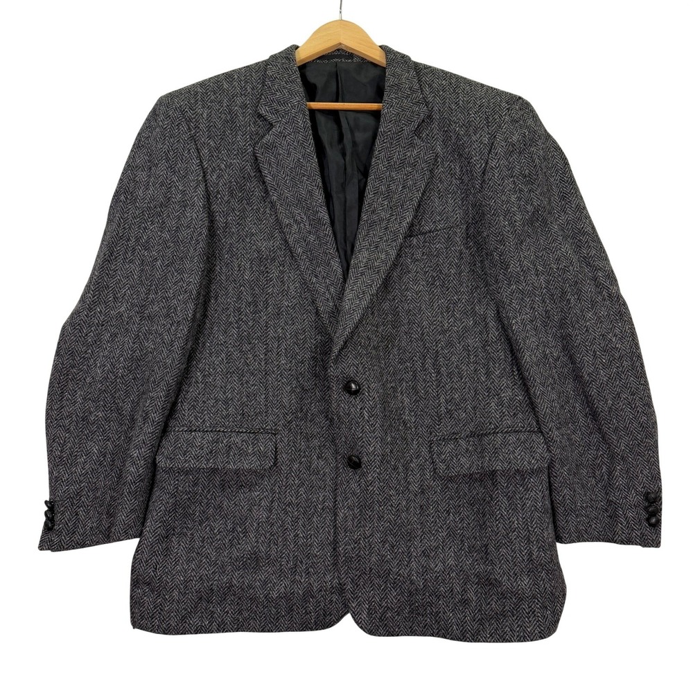 Brook Taverner Harris Tweed Mens 44R Blazer Grey Herringbone Sport Coat Jacket